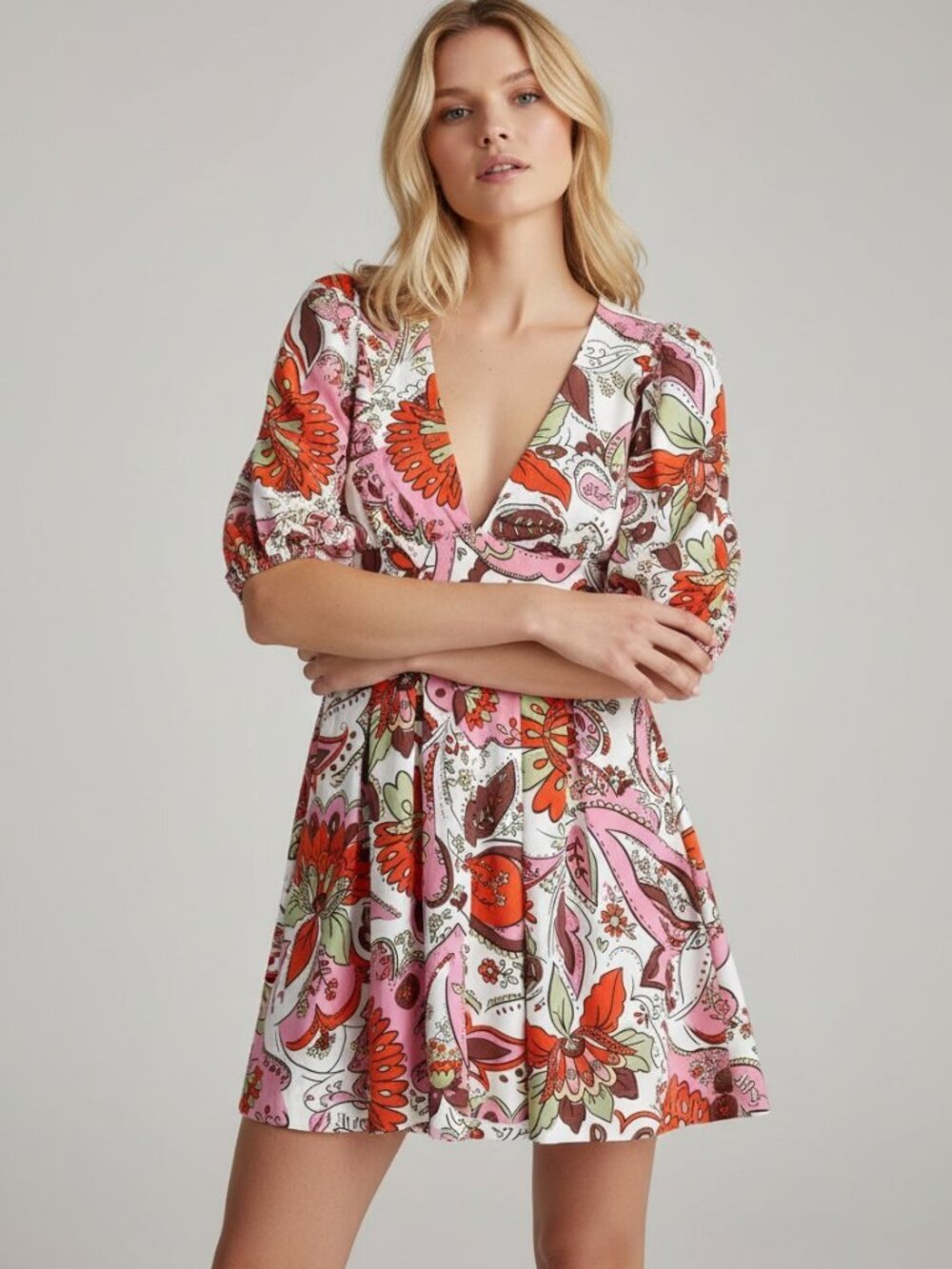 ☀️ Storia NWOT Pink Orange Retro Paisley Puff Sleeve Mini Dress S